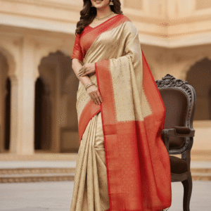Ivory Grace Mulberry Silk Saree with Red Border
