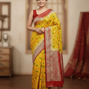 Pashmina Khaddi Saree – Yellow with Red Border
